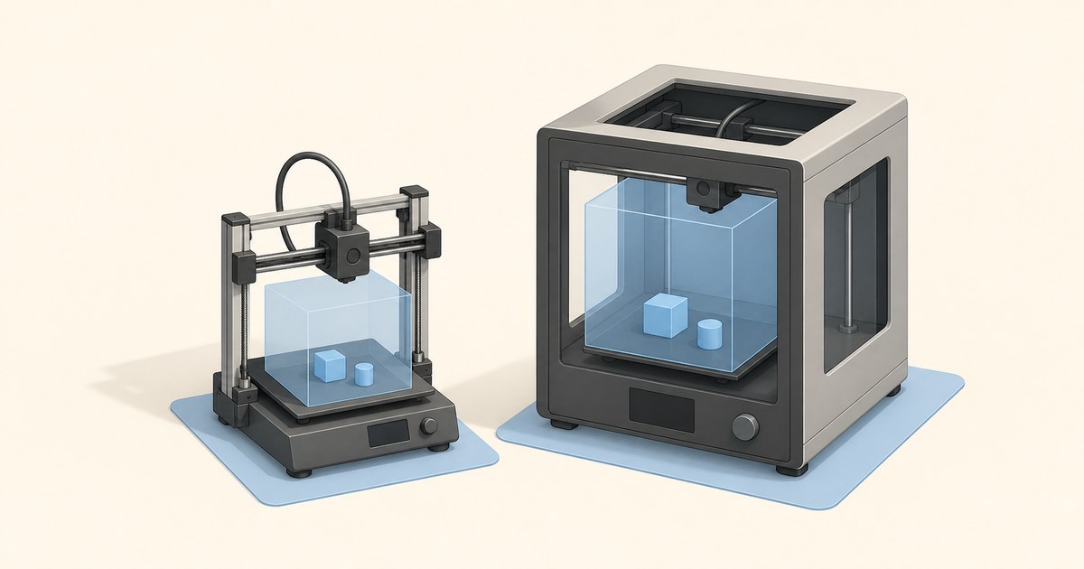 A small open-frame 3D printer beside a larger enclosed cube printer, each with a translucent blue build volume box on a light blue desk footprint mat.