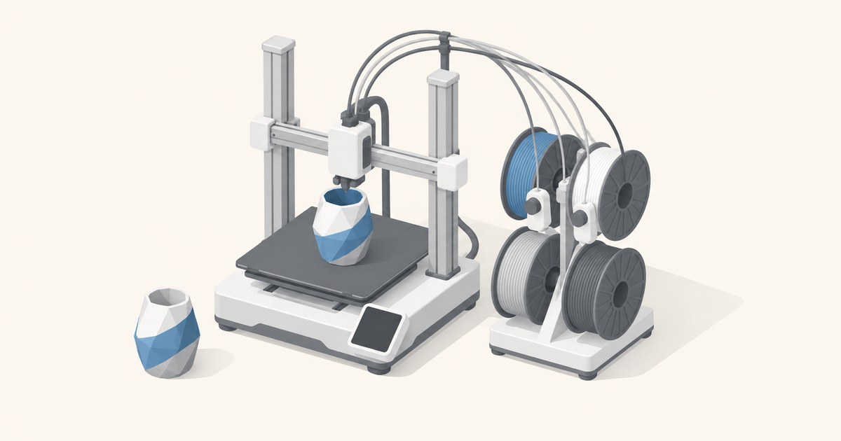 A compact open-frame 3D printer builds a faceted blue-and-white vase beside a four-spool filament rack, with a finished vase nearby.