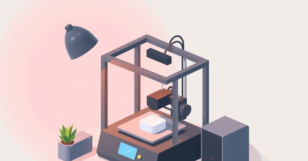 Isometric open-frame 3D printer with a small white part on its bed, under a hanging lamp beside a potted succulent, suggesting a first printer for a desk