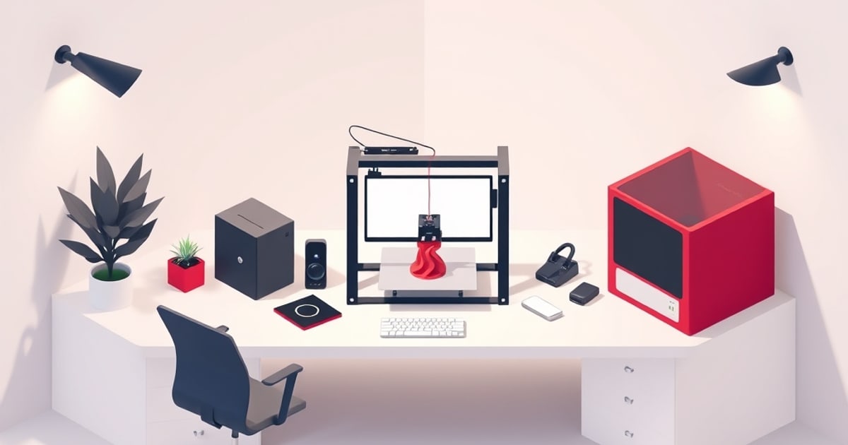 Flat isometric illustration of a workshop desk with a 3D printer mid-print, a red enclosure, a keyboard, and studio lamps.